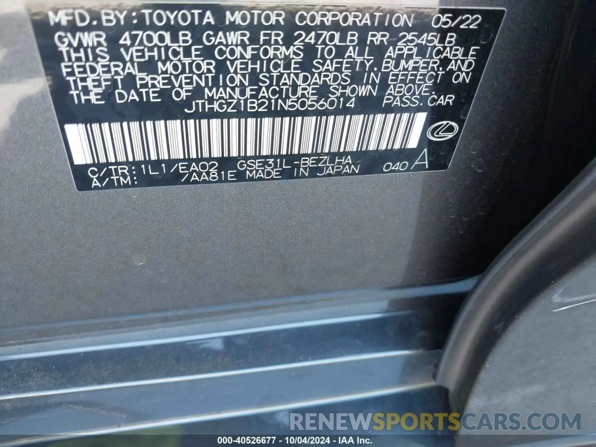 9 fotografías del automóvil dañado JTHGZ1B21N5056014 LEXUS IS 350 2022