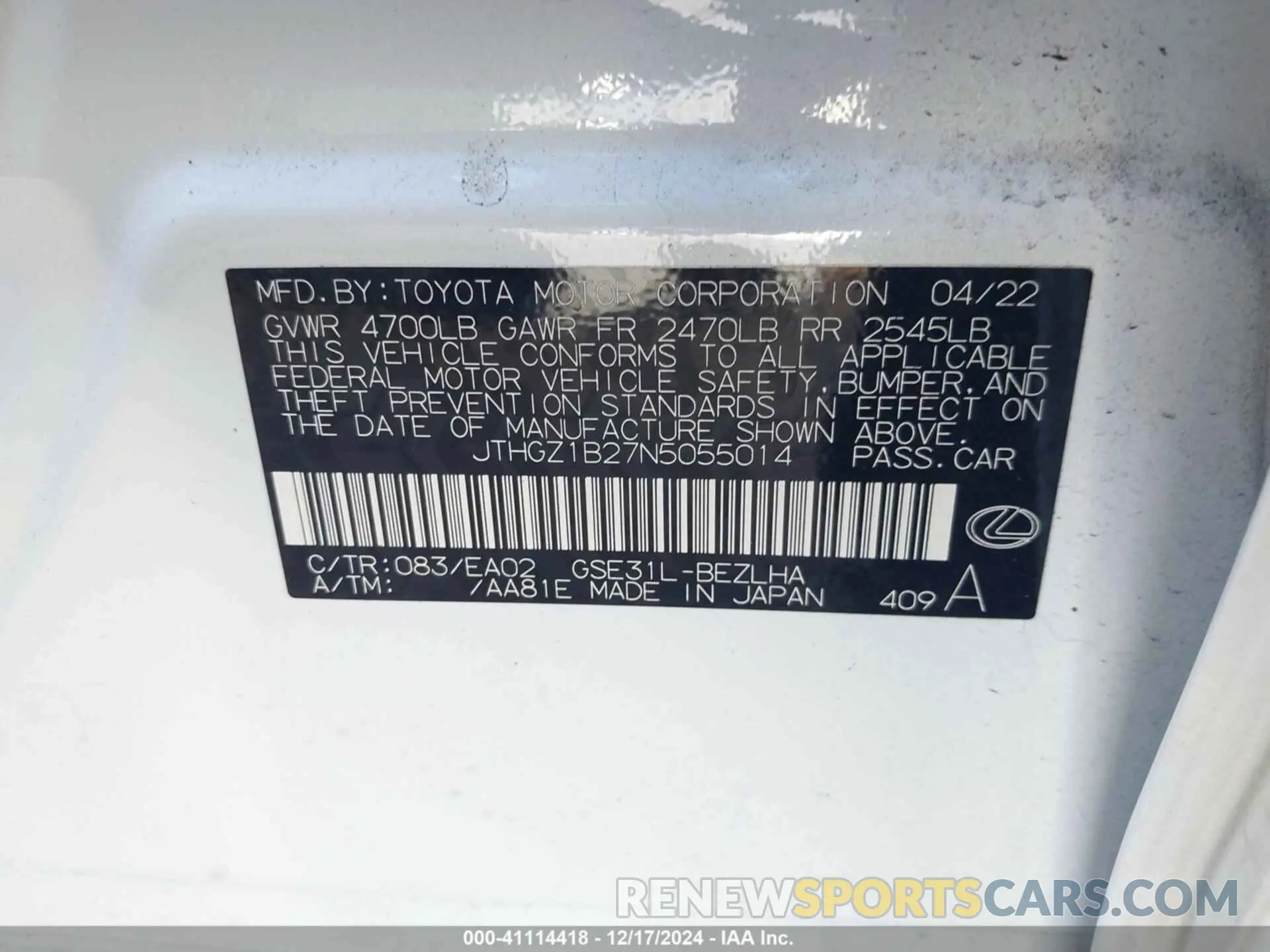 9 fotografías del automóvil dañado JTHGZ1B27N5055014 LEXUS IS 350 2022