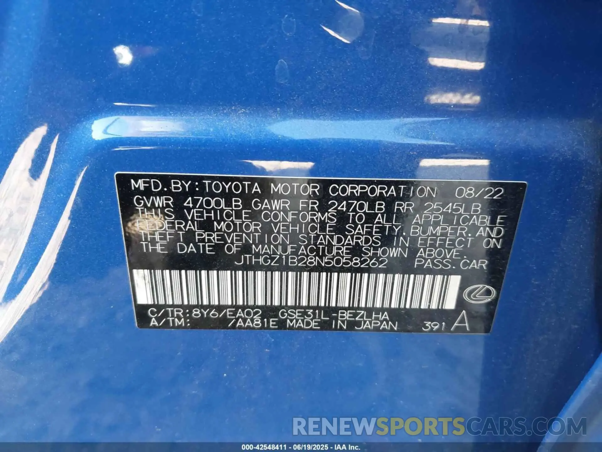 9 fotografías del automóvil dañado JTHGZ1B28N5058262 LEXUS IS 350 2022