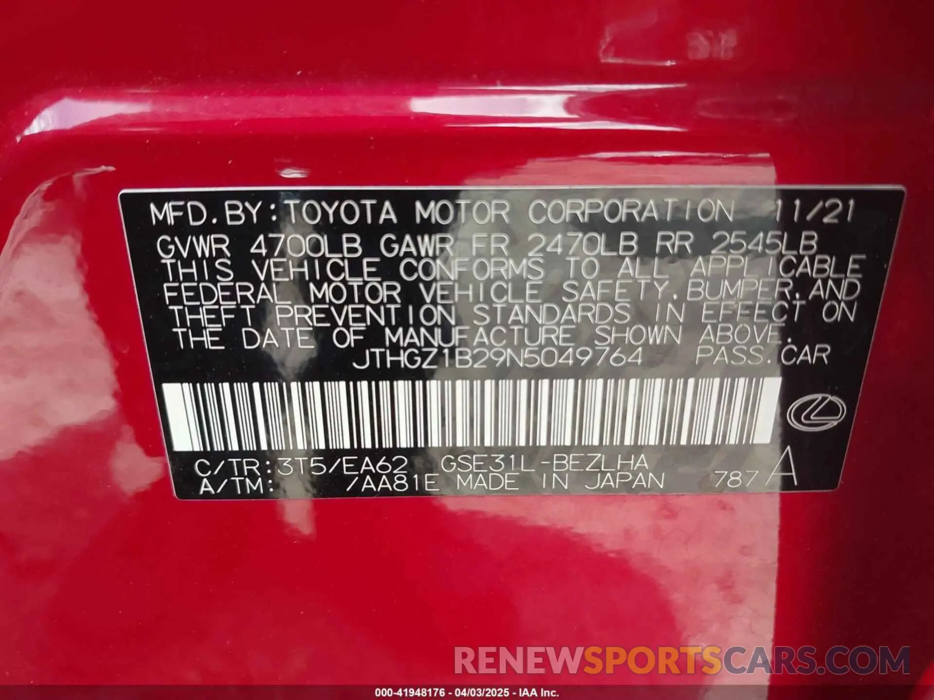 9 fotografías del automóvil dañado JTHGZ1B29N5049764 LEXUS IS 350 2022