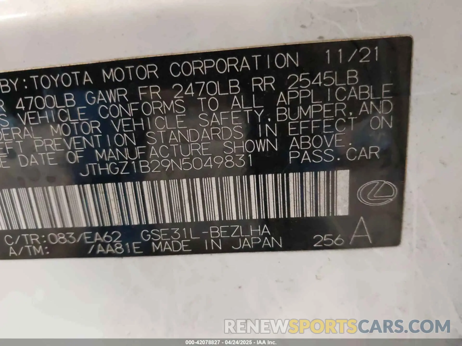 9 fotografías del automóvil dañado JTHGZ1B29N5049831 LEXUS IS 350 2022