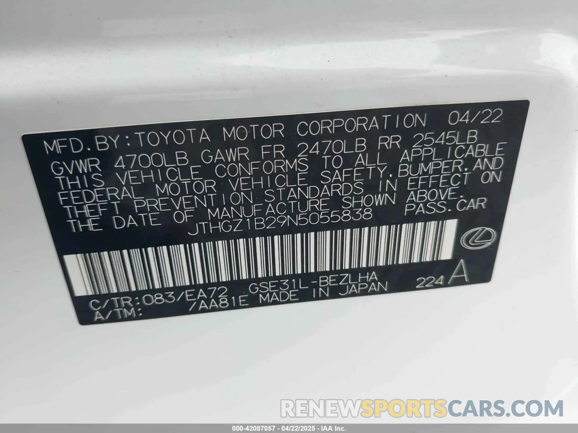 9 fotografías del automóvil dañado JTHGZ1B29N5055838 LEXUS IS 350 2022