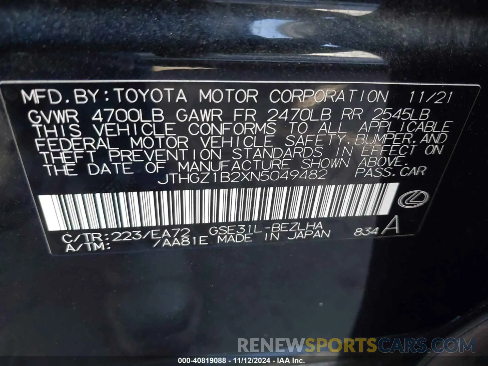 9 fotografías del automóvil dañado JTHGZ1B2XN5049482 LEXUS IS 350 2022