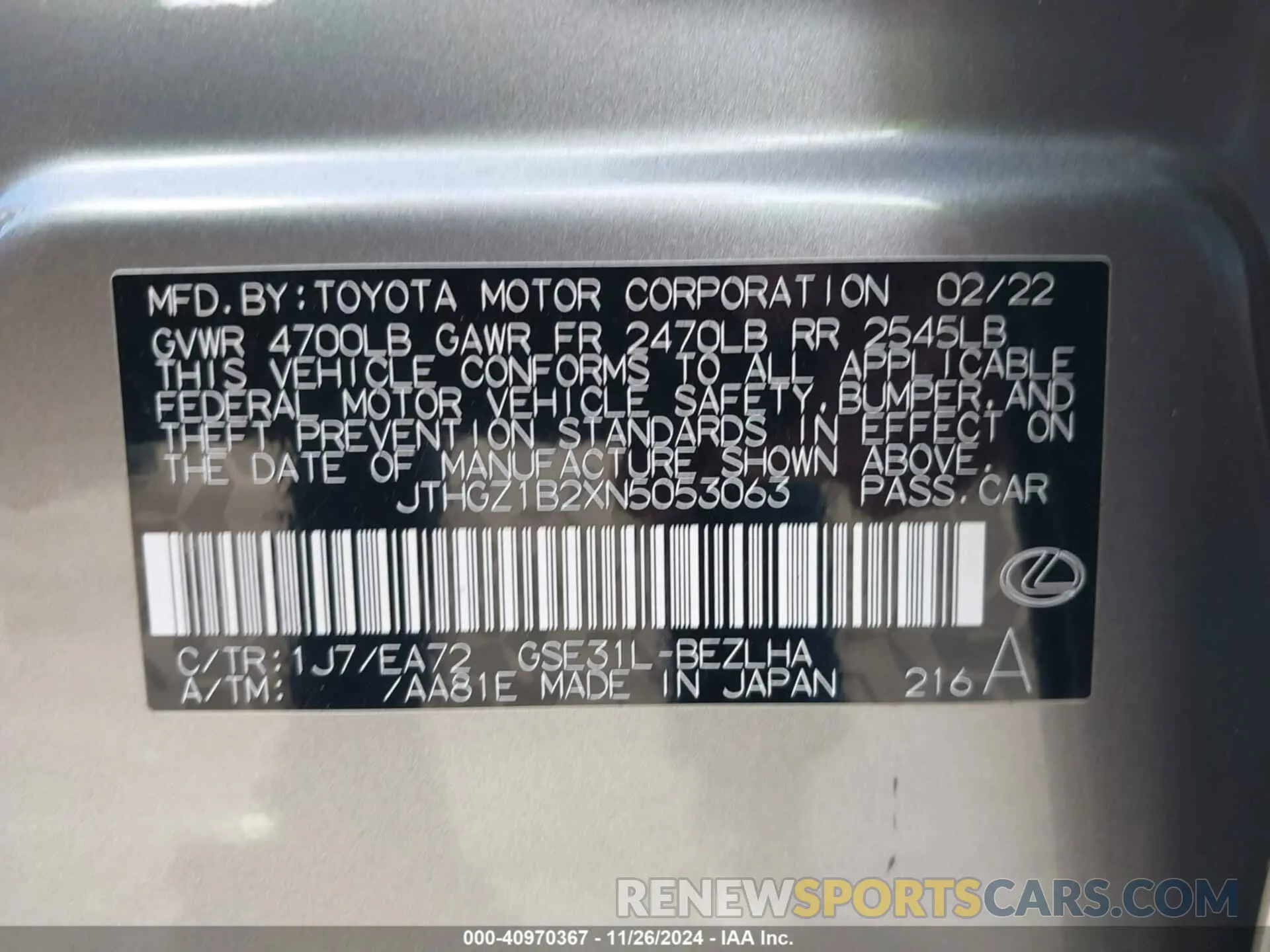 9 fotografías del automóvil dañado JTHGZ1B2XN5053063 LEXUS IS 350 2022