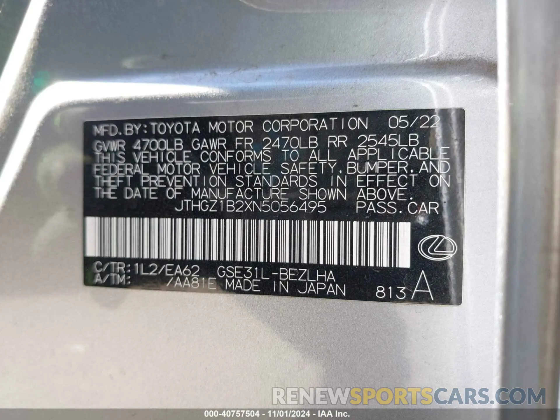 9 fotografías del automóvil dañado JTHGZ1B2XN5056495 LEXUS IS 350 2022
