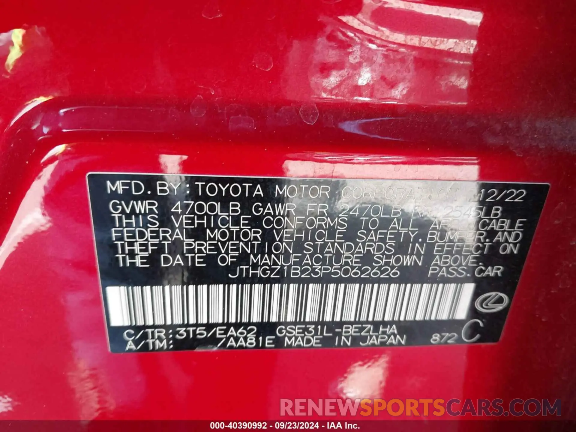 9 fotografías del automóvil dañado JTHGZ1B23P5062626 LEXUS IS 350 2023