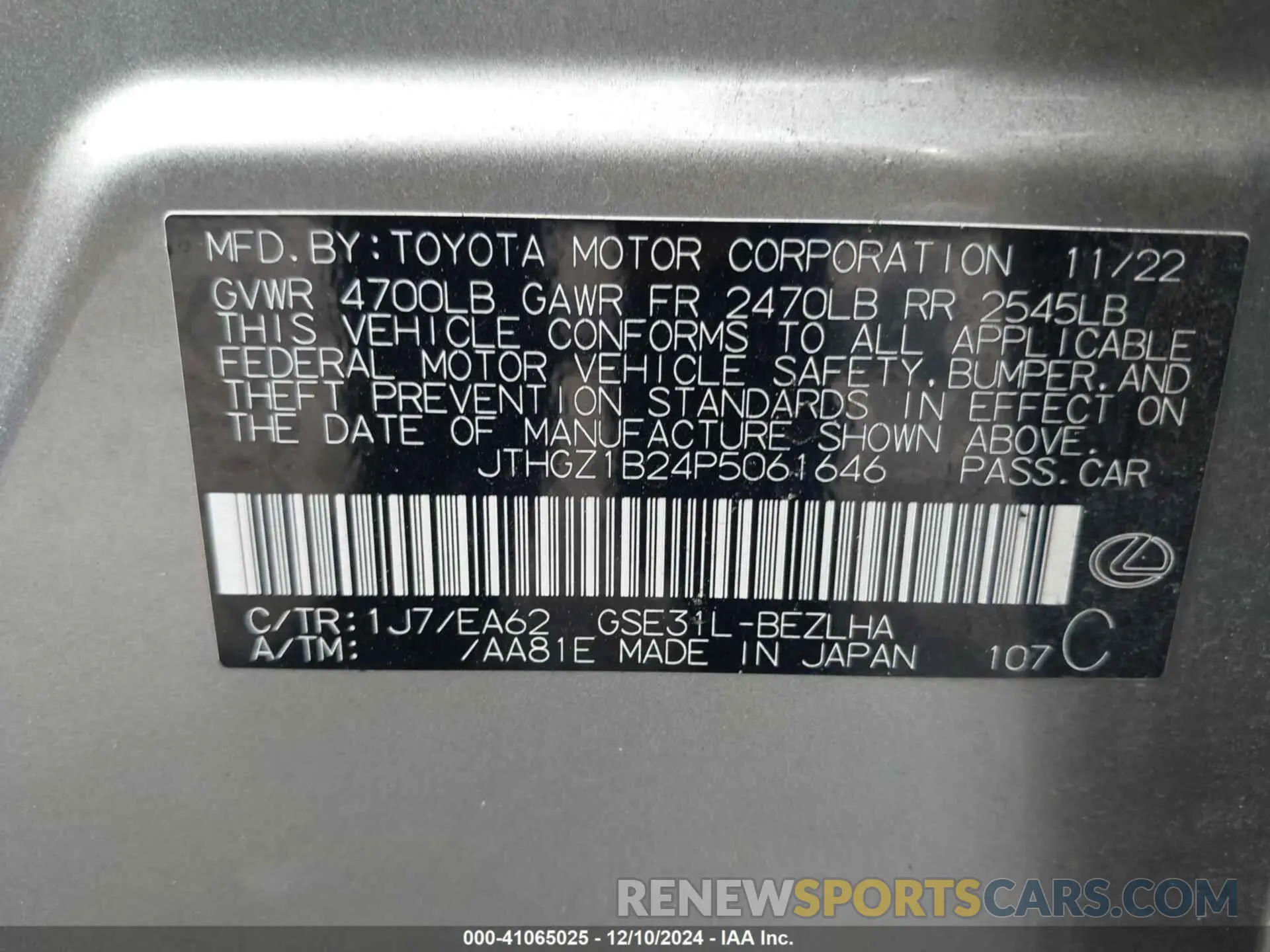 9 fotografías del automóvil dañado JTHGZ1B24P5061646 LEXUS IS 350 2023