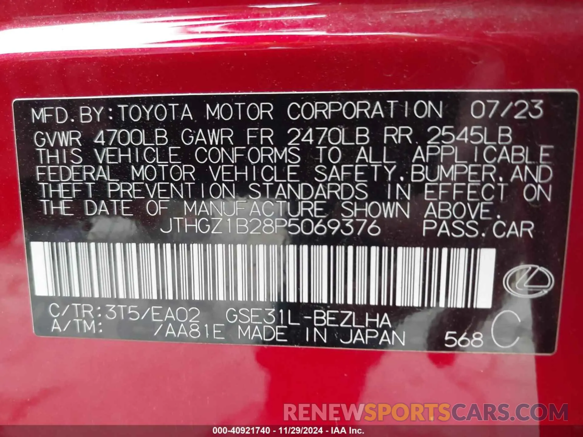 9 fotografías del automóvil dañado JTHGZ1B28P5069376 LEXUS IS 350 2023