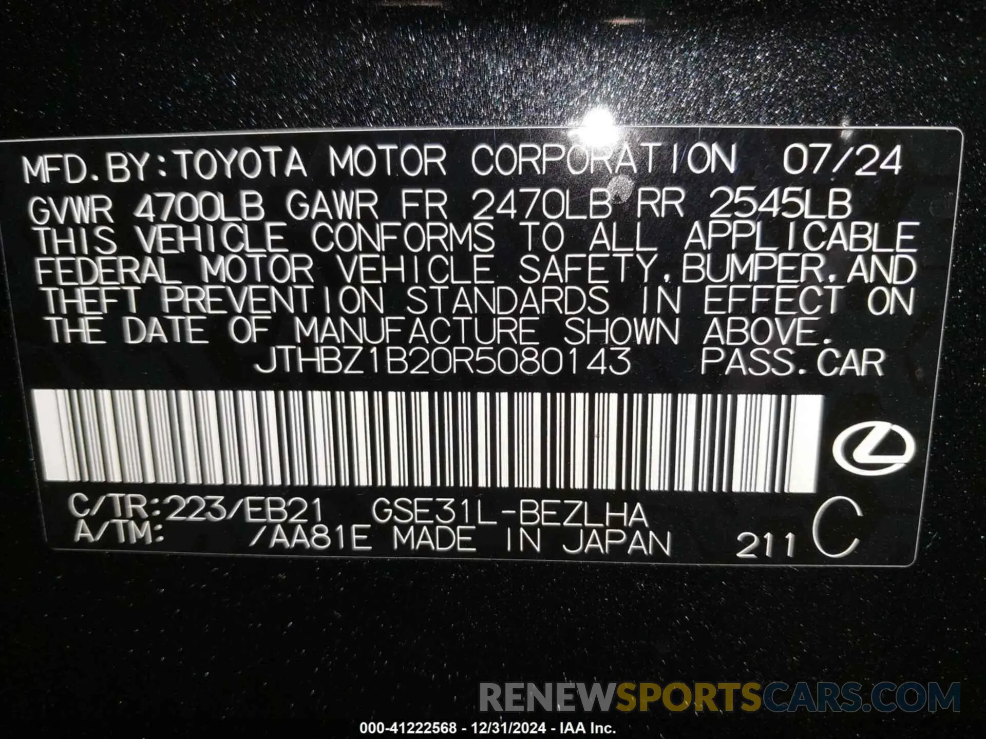 9 fotografías del automóvil dañado JTHBZ1B20R5080143 LEXUS IS 350 2024