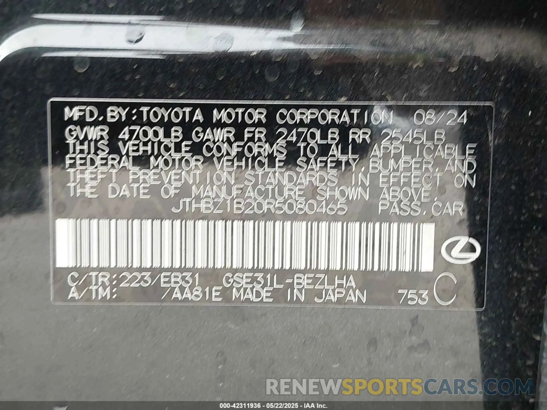 9 fotografías del automóvil dañado JTHBZ1B20R5080465 LEXUS IS 350 2024