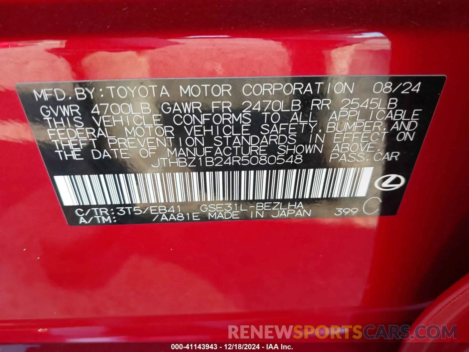 9 fotografías del automóvil dañado JTHBZ1B24R5080548 LEXUS IS 350 2024