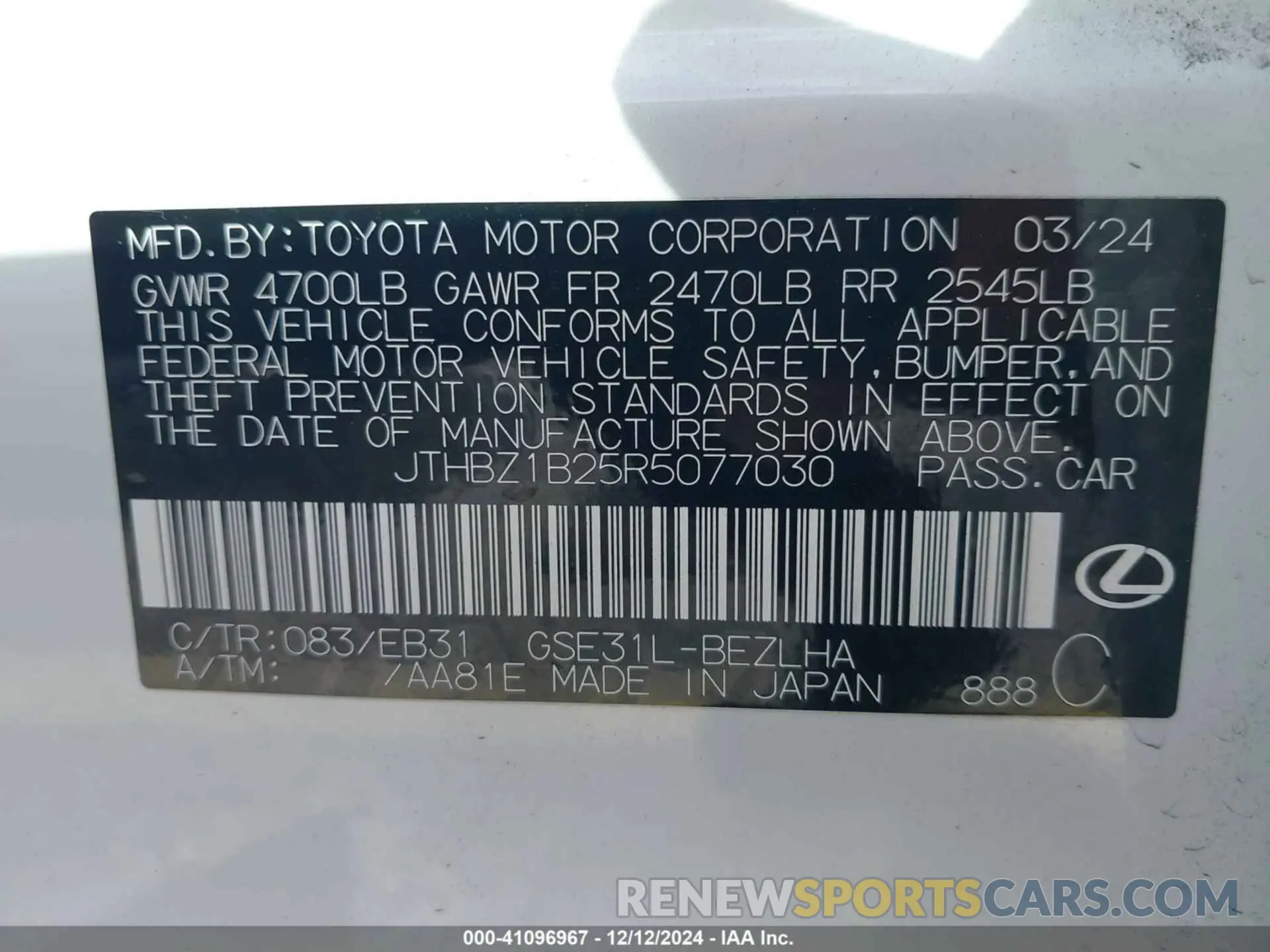 9 fotografías del automóvil dañado JTHBZ1B25R5077030 LEXUS IS 350 2024