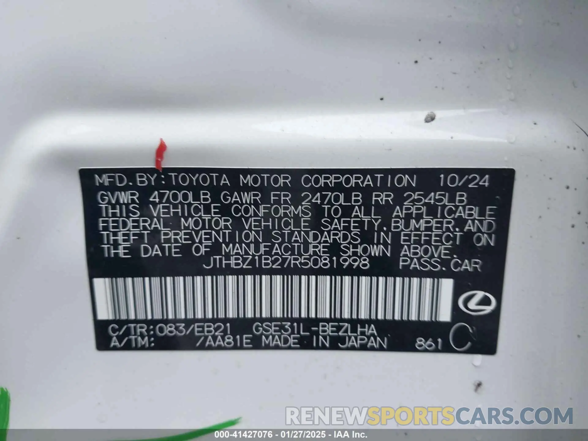 9 fotografías del automóvil dañado JTHBZ1B27R5081998 LEXUS IS 350 2024