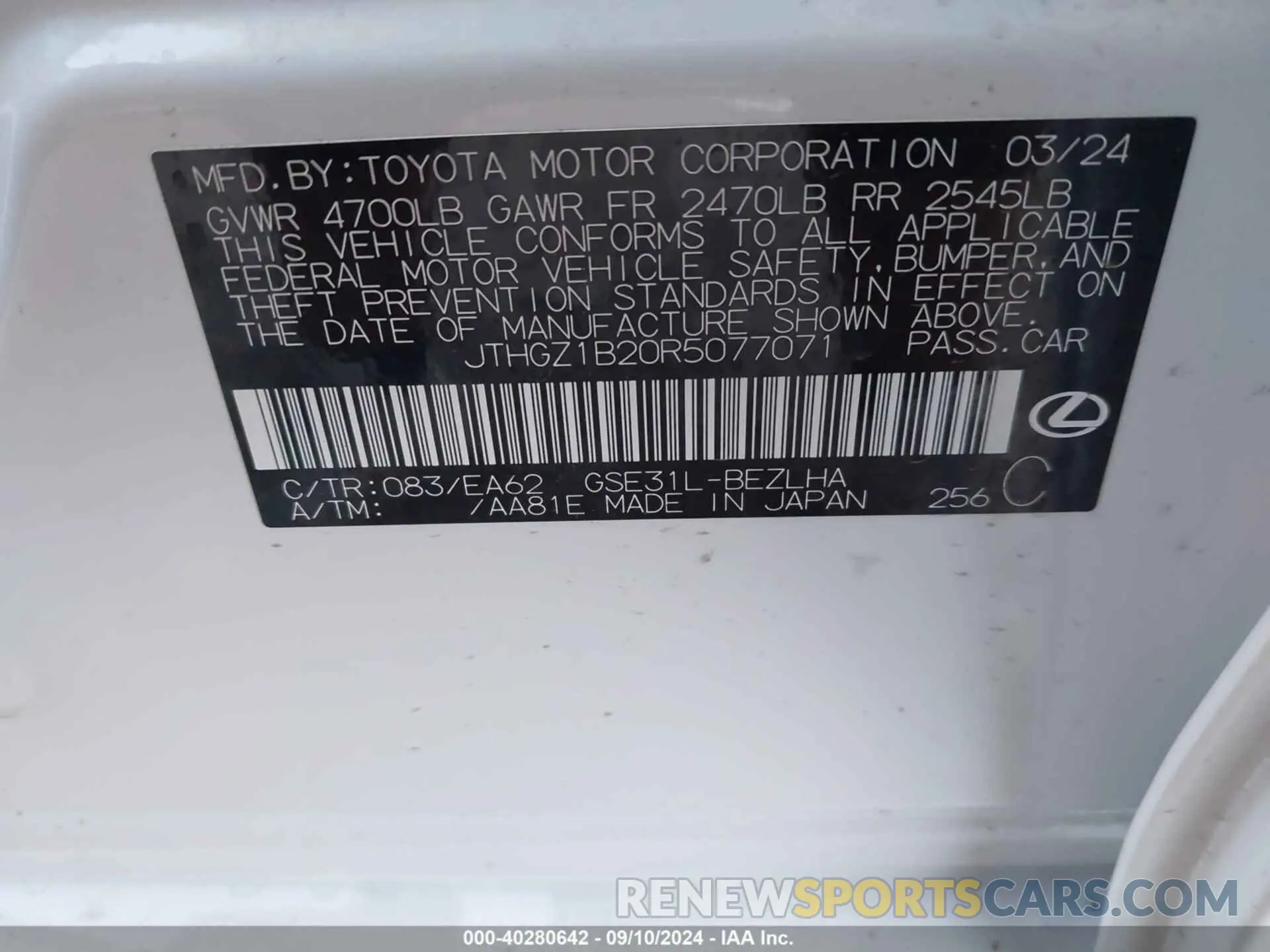 9 fotografías del automóvil dañado JTHGZ1B20R5077071 LEXUS IS 350 2024