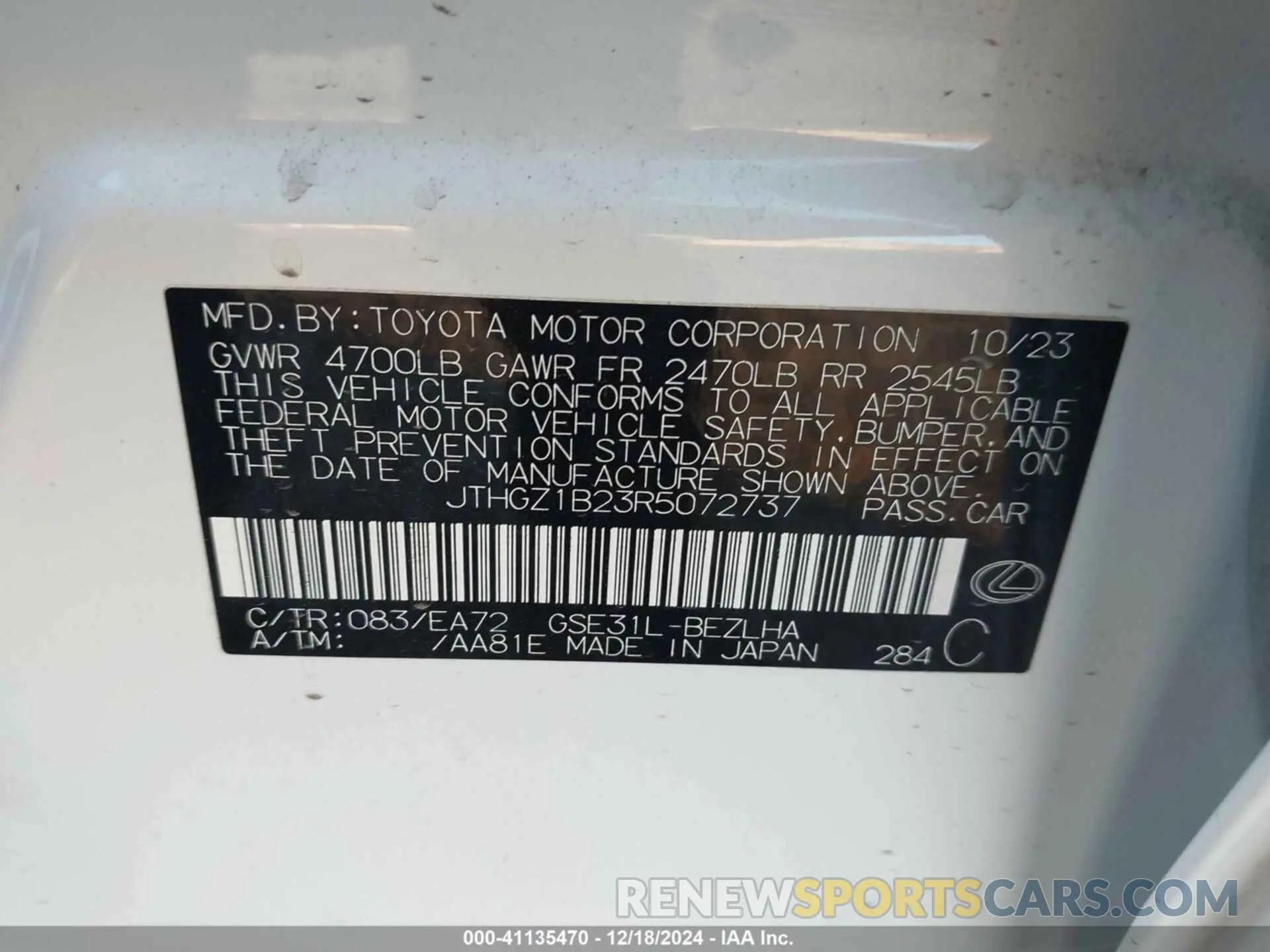 9 fotografías del automóvil dañado JTHGZ1B23R5072737 LEXUS IS 350 2024