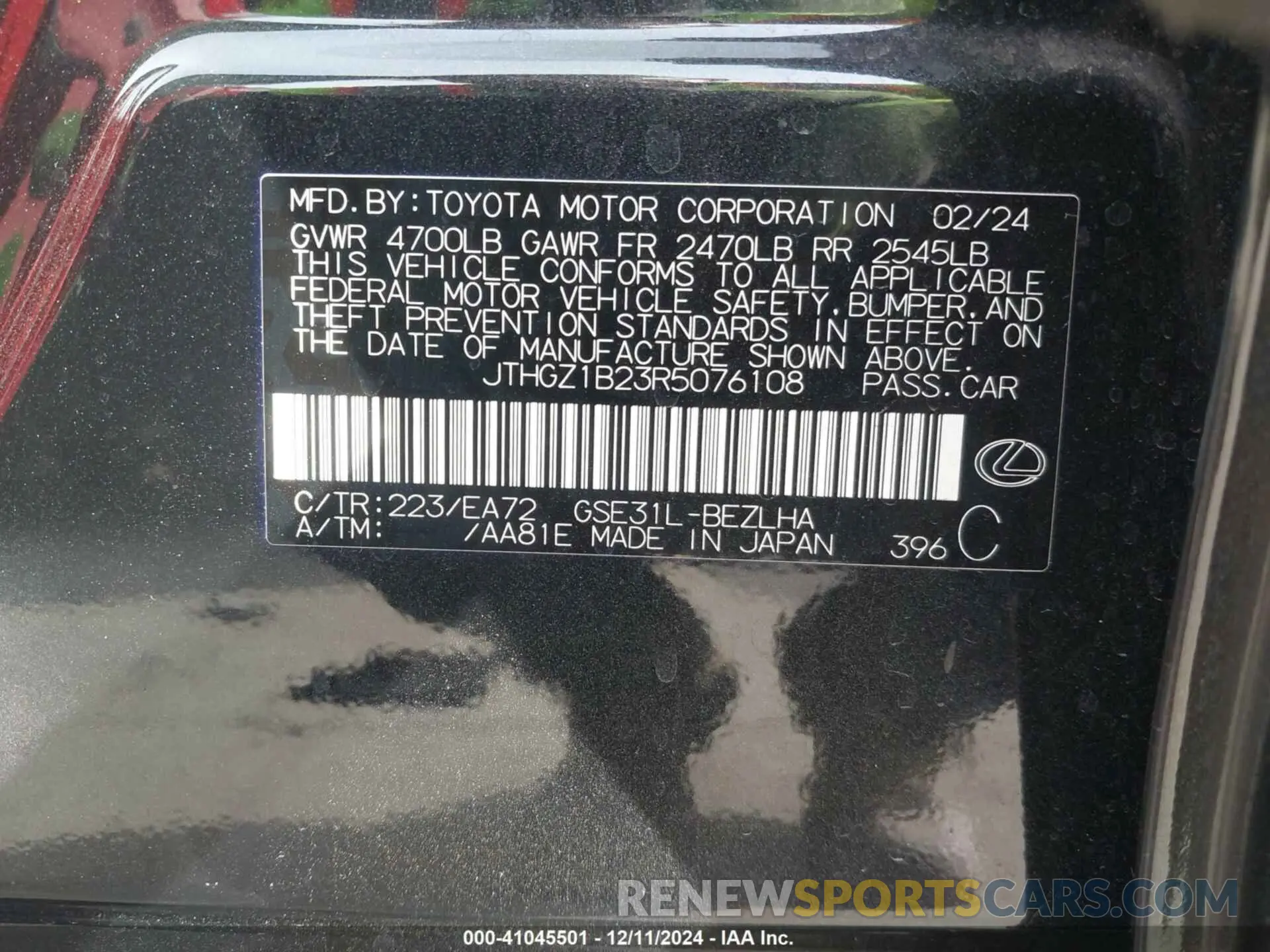9 fotografías del automóvil dañado JTHGZ1B23R5076108 LEXUS IS 350 2024