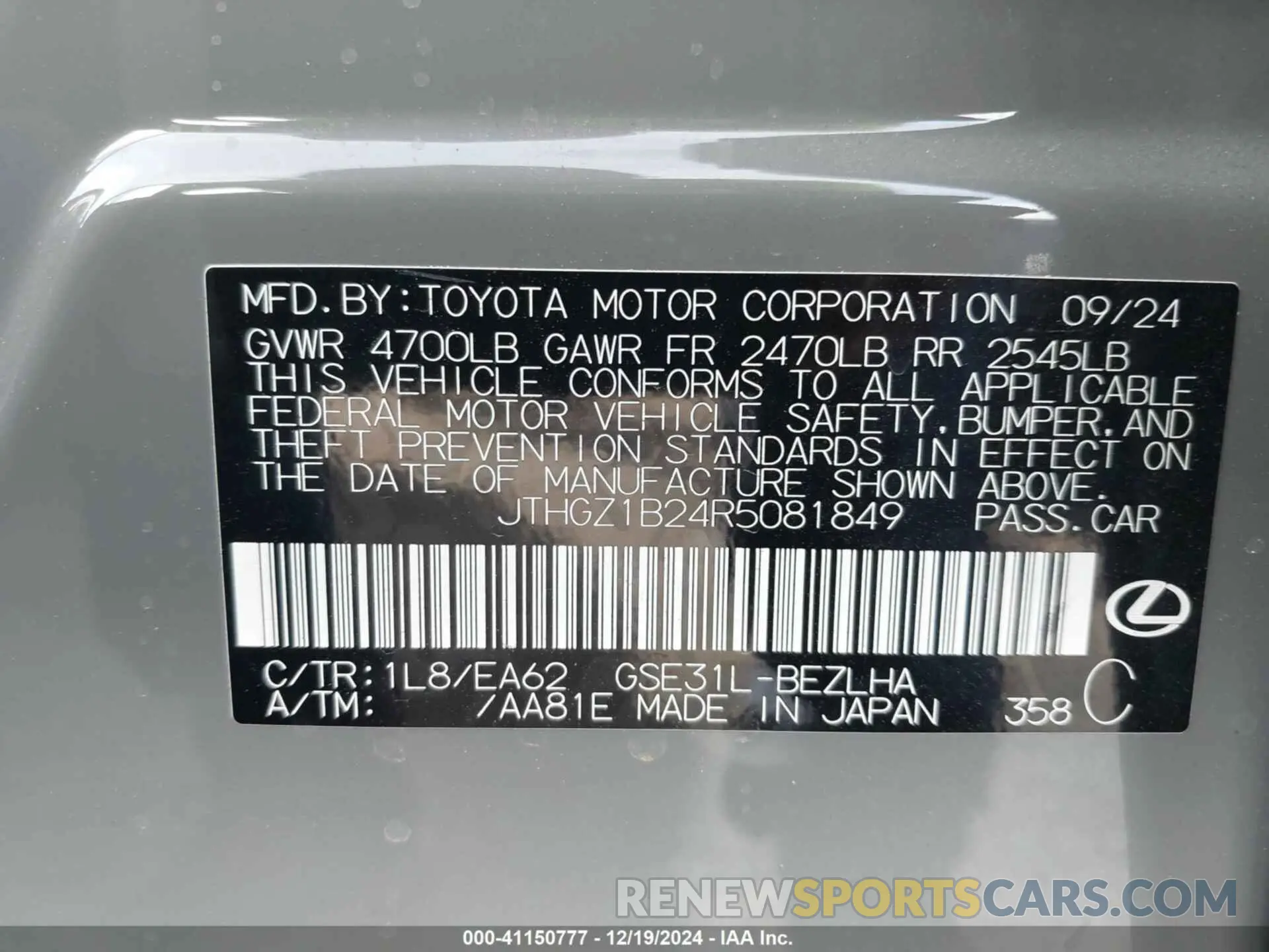 9 fotografías del automóvil dañado JTHGZ1B24R5081849 LEXUS IS 350 2024