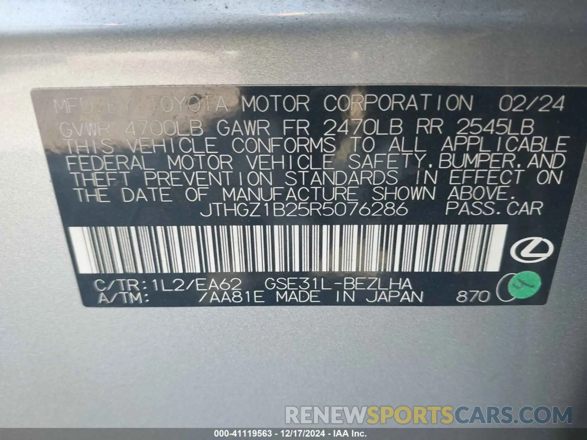 9 fotografías del automóvil dañado JTHGZ1B25R5076286 LEXUS IS 350 2024