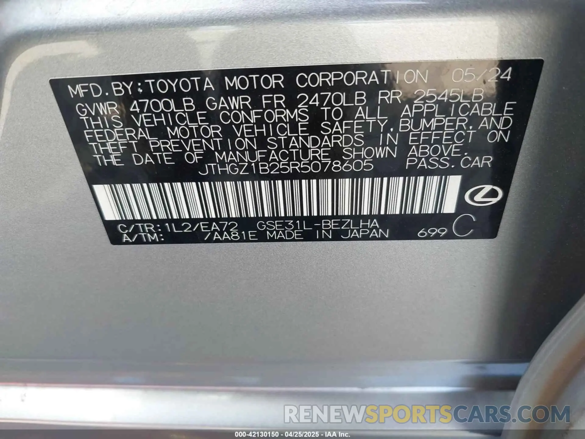 9 fotografías del automóvil dañado JTHGZ1B25R5078605 LEXUS IS 350 2024