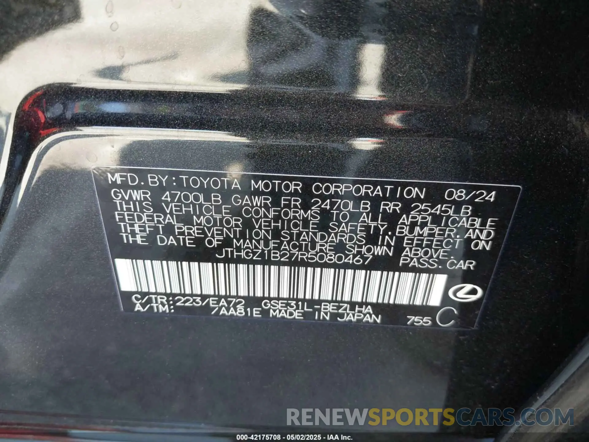 9 fotografías del automóvil dañado JTHGZ1B27R5080467 LEXUS IS 350 2024