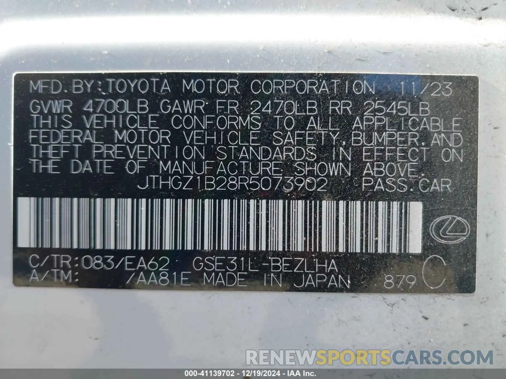 9 fotografías del automóvil dañado JTHGZ1B28R5073902 LEXUS IS 350 2024