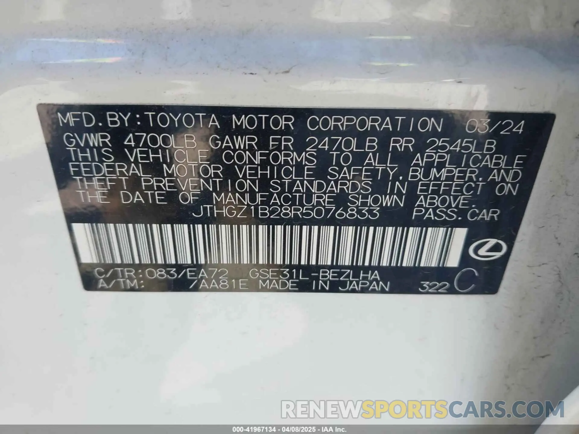 9 fotografías del automóvil dañado JTHGZ1B28R5076833 LEXUS IS 350 2024