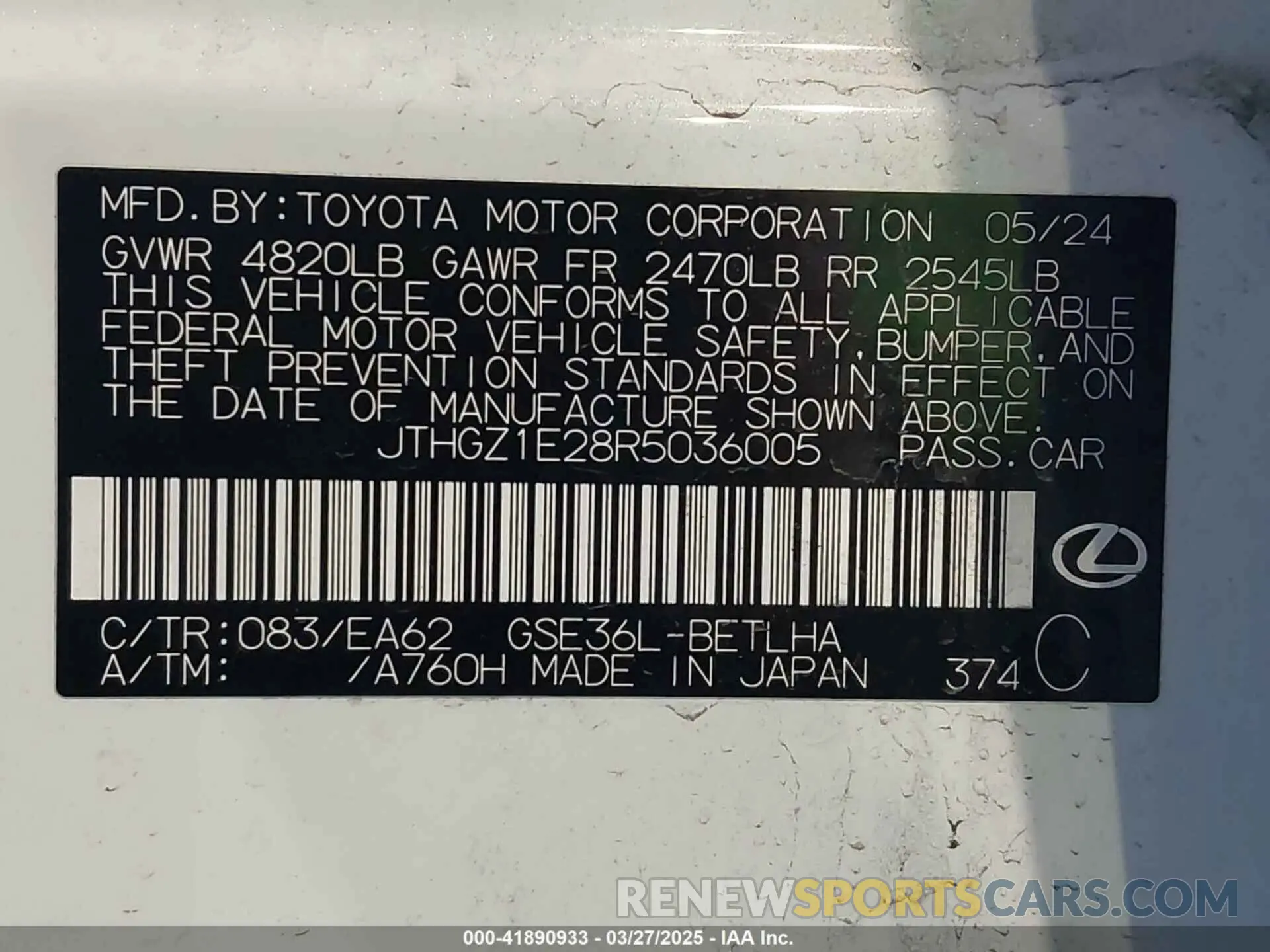 9 fotografías del automóvil dañado JTHGZ1E28R5036005 LEXUS IS 350 2024