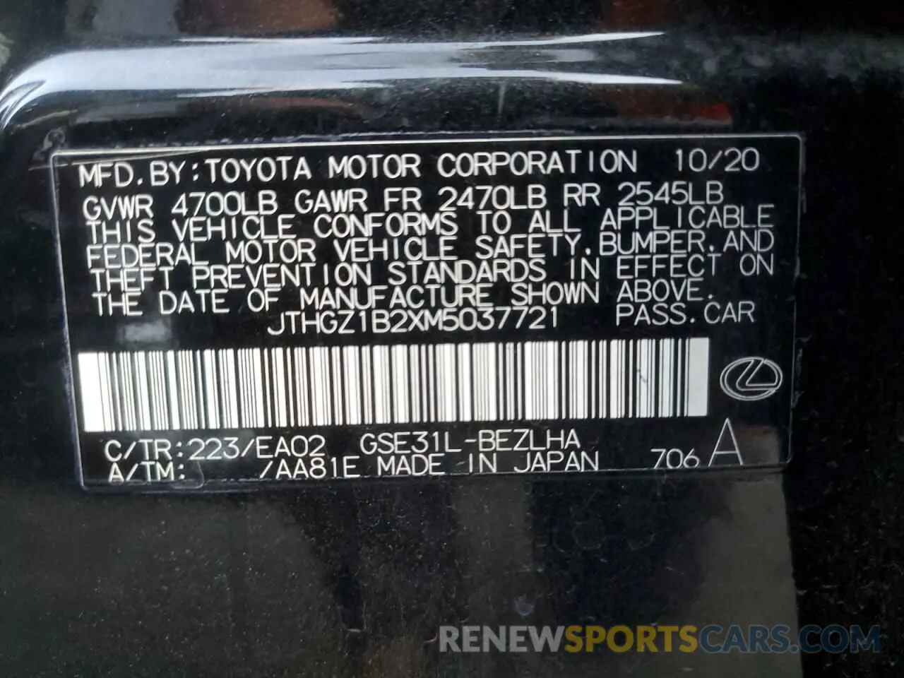 12 fotografías del automóvil dañado JTHGZ1B2XM5037721 LEXUS IS 350 F S 2021