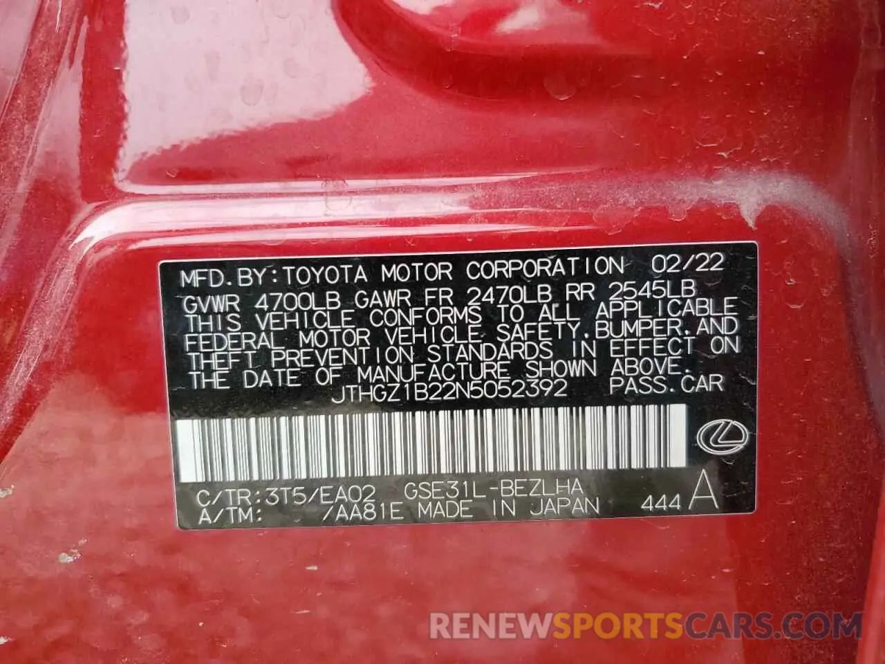 13 fotografías del automóvil dañado JTHGZ1B22N5052392 LEXUS IS 350 F S 2022
