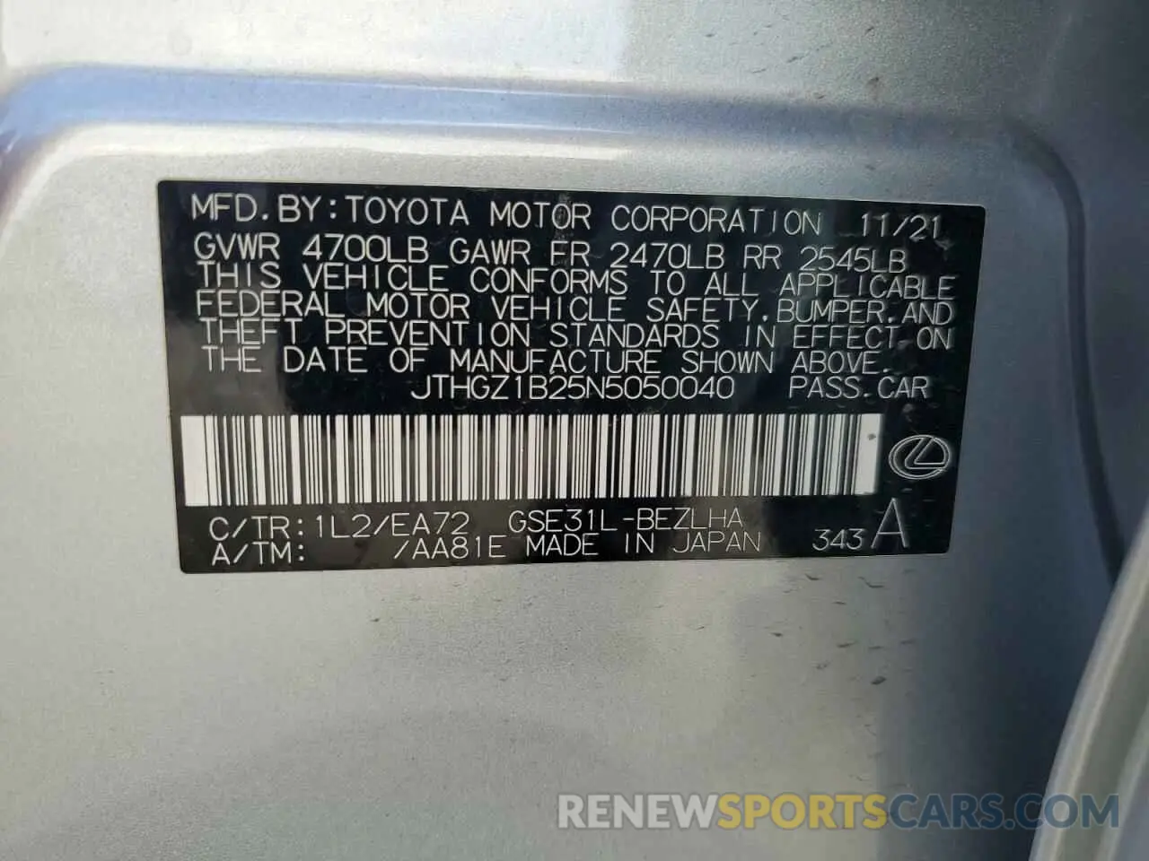 12 fotografías del automóvil dañado JTHGZ1B25N5050040 LEXUS IS 350 F S 2022