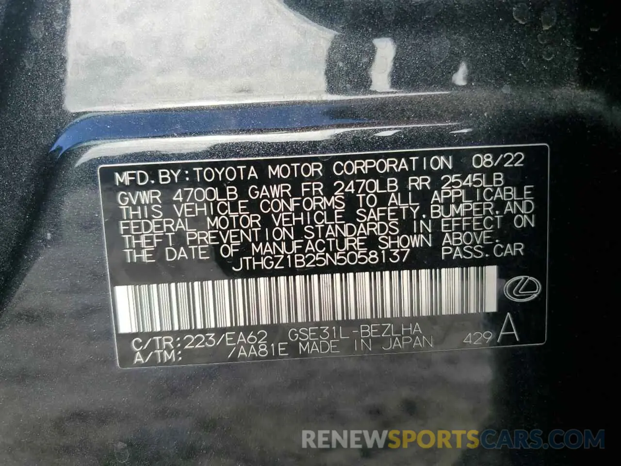 13 fotografías del automóvil dañado JTHGZ1B25N5058137 LEXUS IS 350 F S 2022