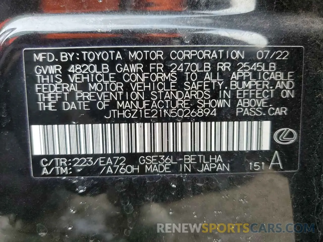 12 fotografías del automóvil dañado JTHGZ1E21N5026894 LEXUS IS 350 F S 2022