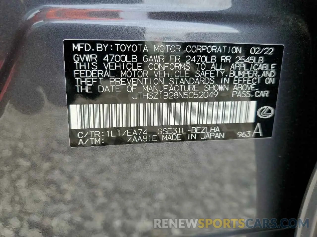 12 fotografías del automóvil dañado JTHSZ1B28N5052049 LEXUS IS 350 F S 2022