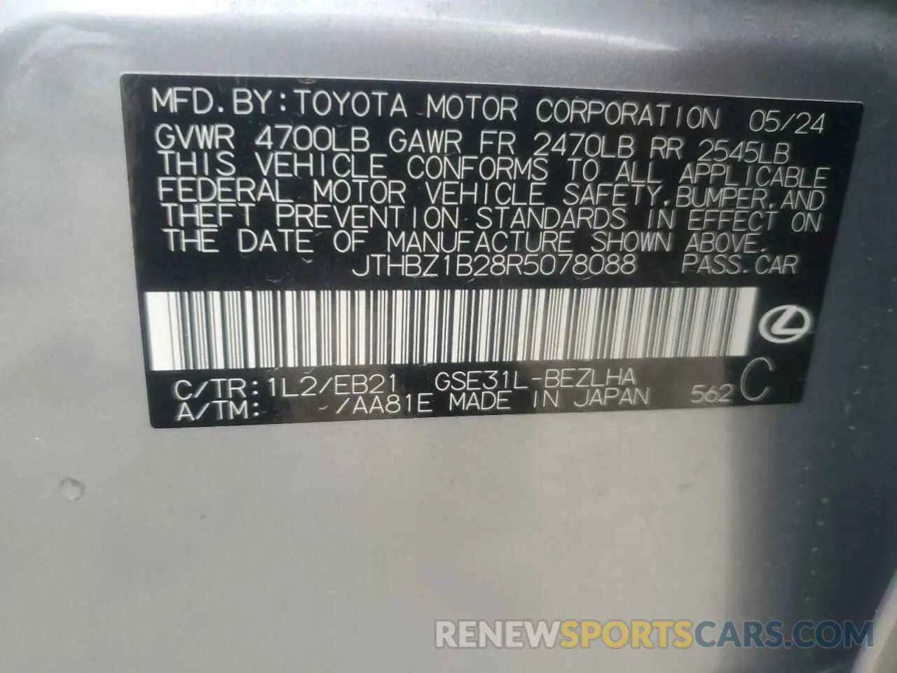 12 fotografías del automóvil dañado JTHBZ1B28R5078088 LEXUS IS 350 F S 2024
