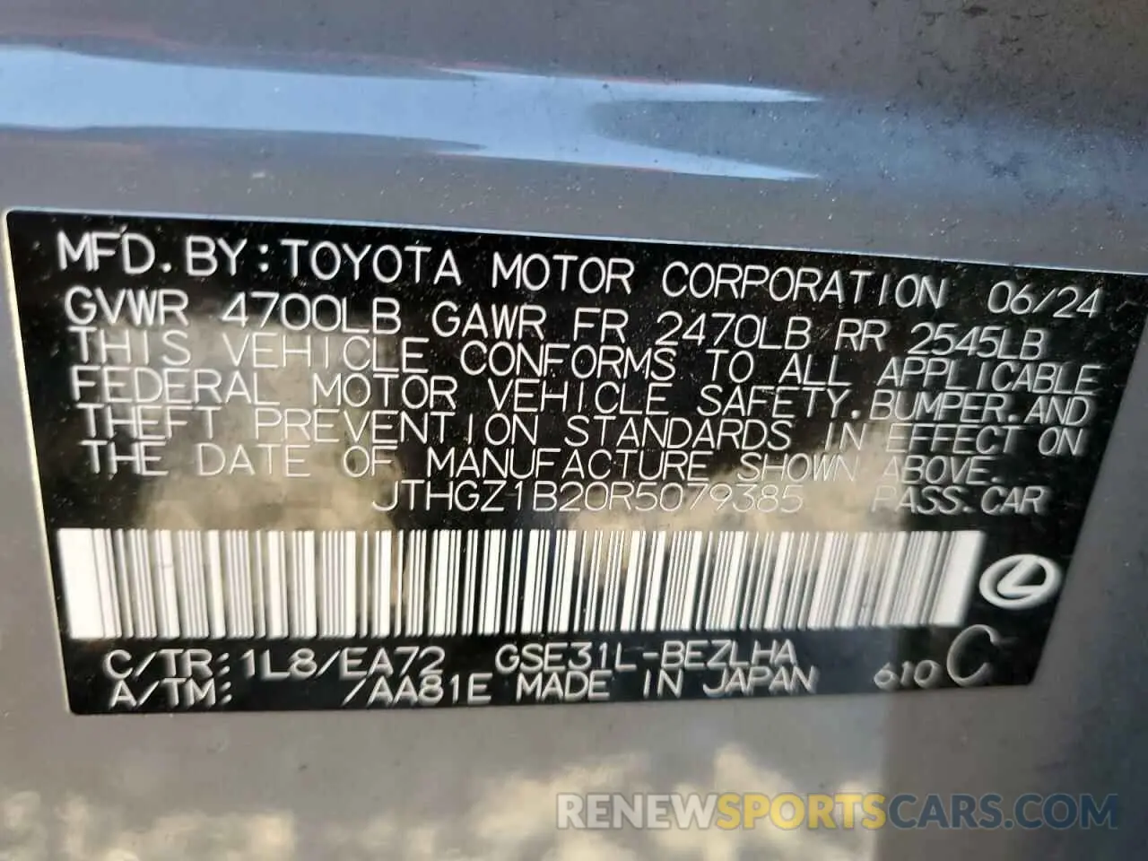12 fotografías del automóvil dañado JTHGZ1B20R5079385 LEXUS IS 350 F S 2024