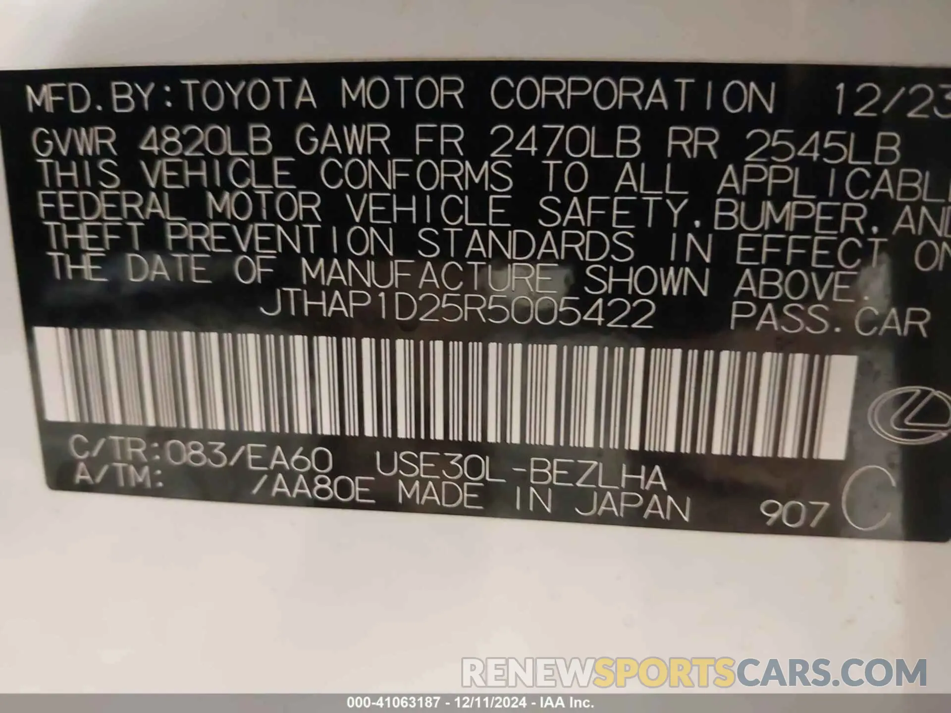 9 fotografías del automóvil dañado JTHAP1D25R5005422 LEXUS IS 500 2024