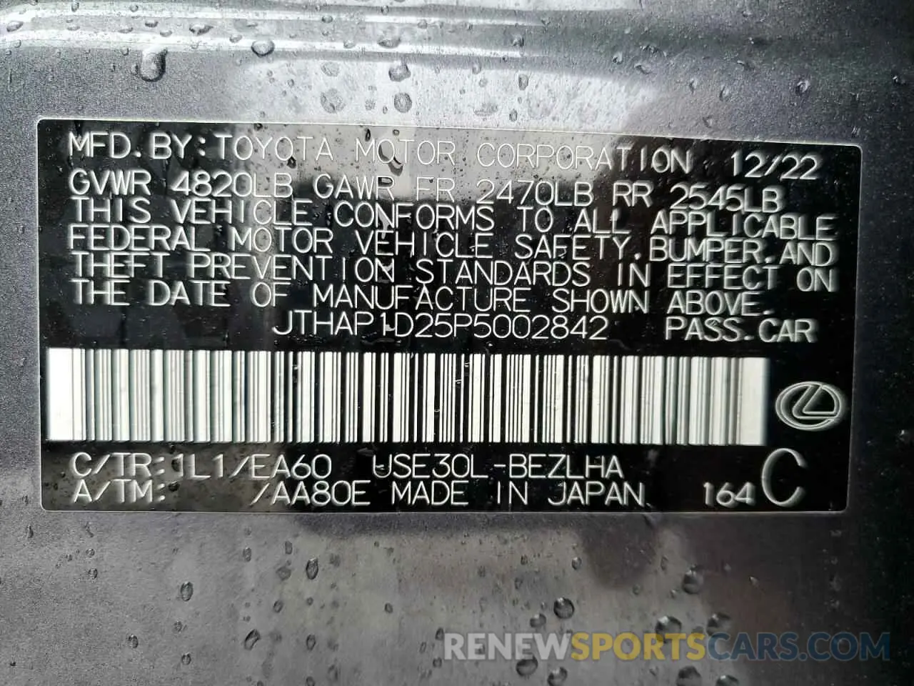 12 fotografías del automóvil dañado JTHAP1D25P5002842 LEXUS IS 500 F S 2023
