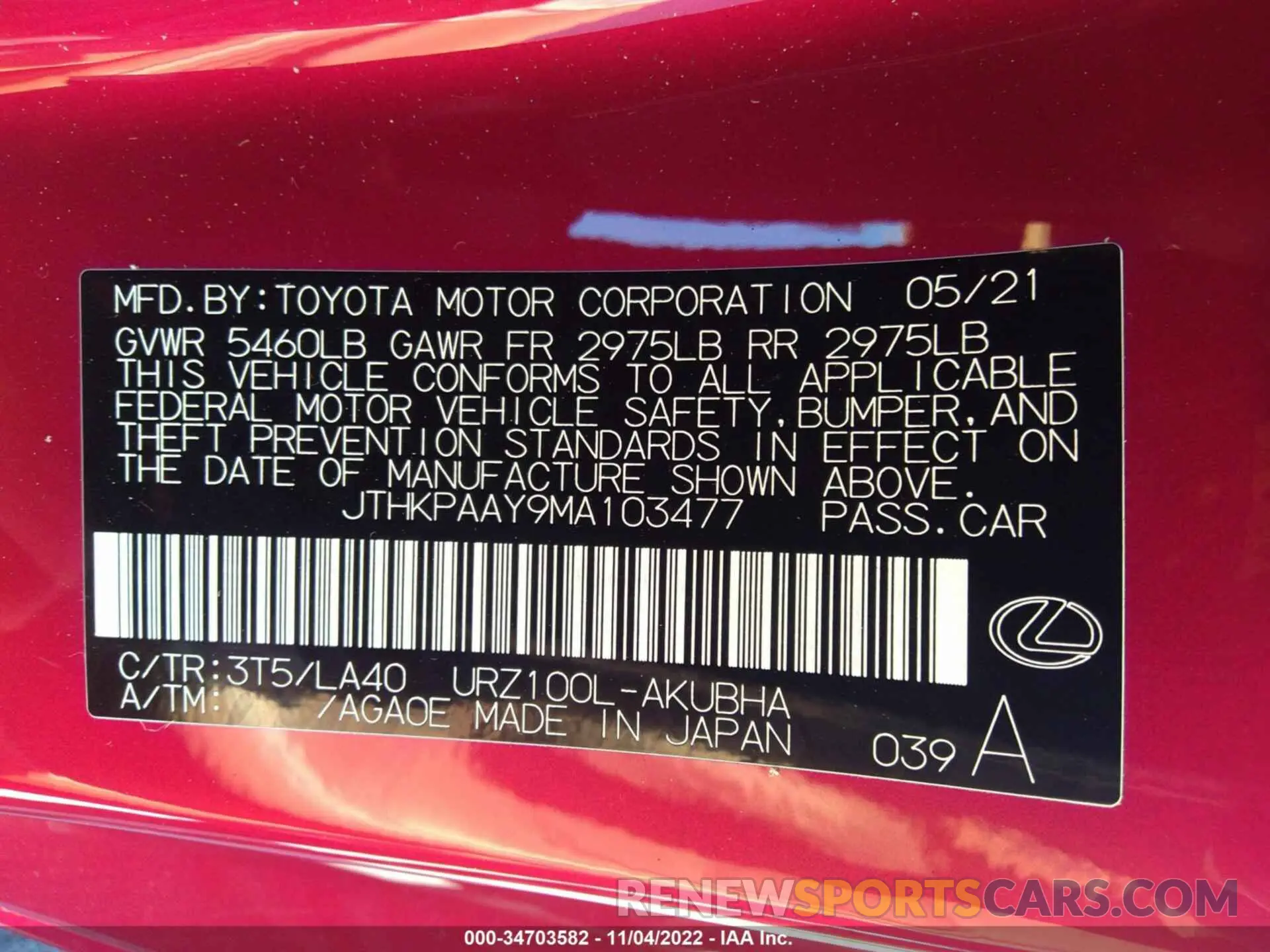 9 fotografías del automóvil dañado JTHKPAAY9MA103477 LEXUS LC 2021
