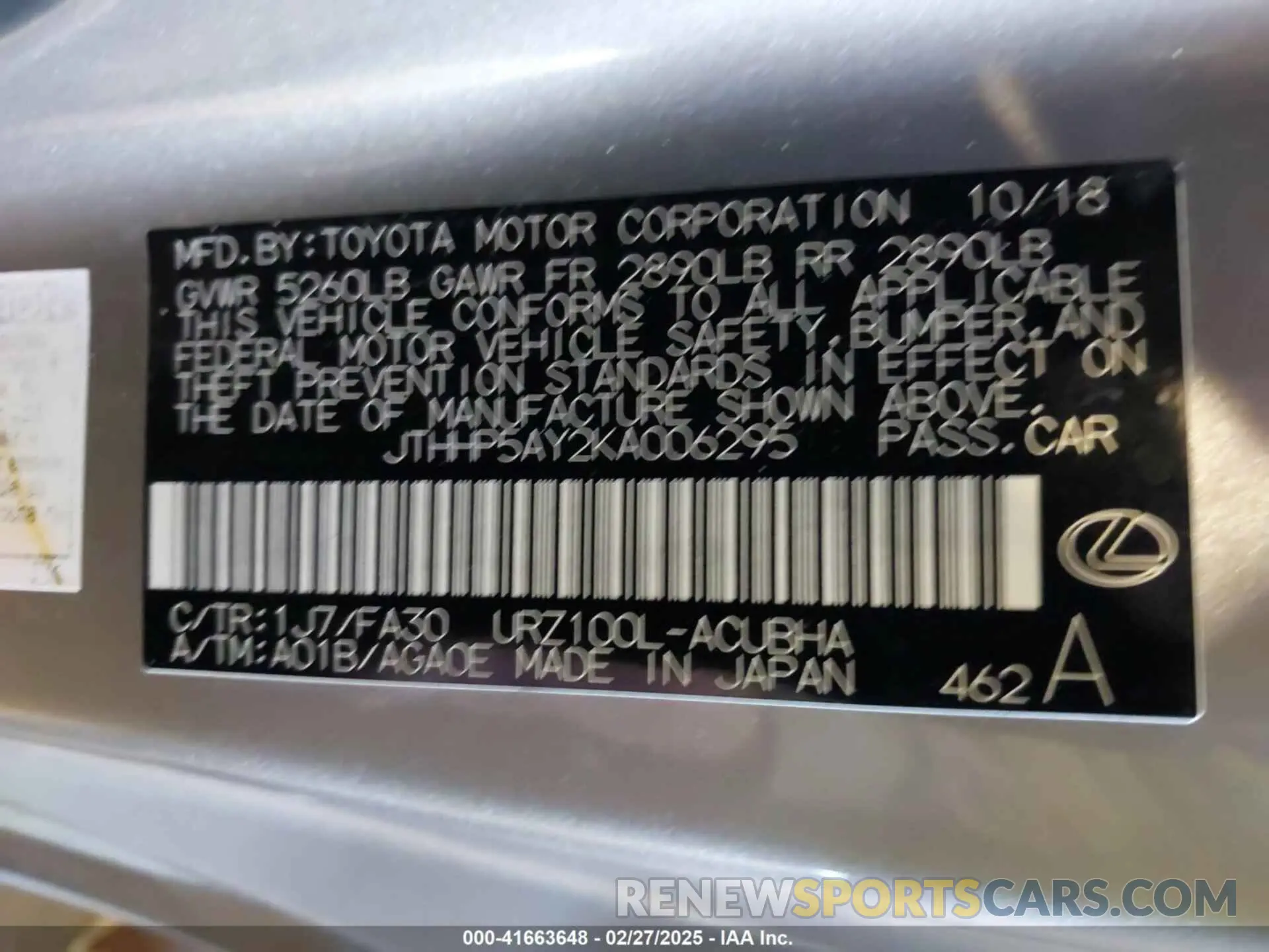9 fotografías del automóvil dañado JTHHP5AY2KA006295 LEXUS LC 500 2019