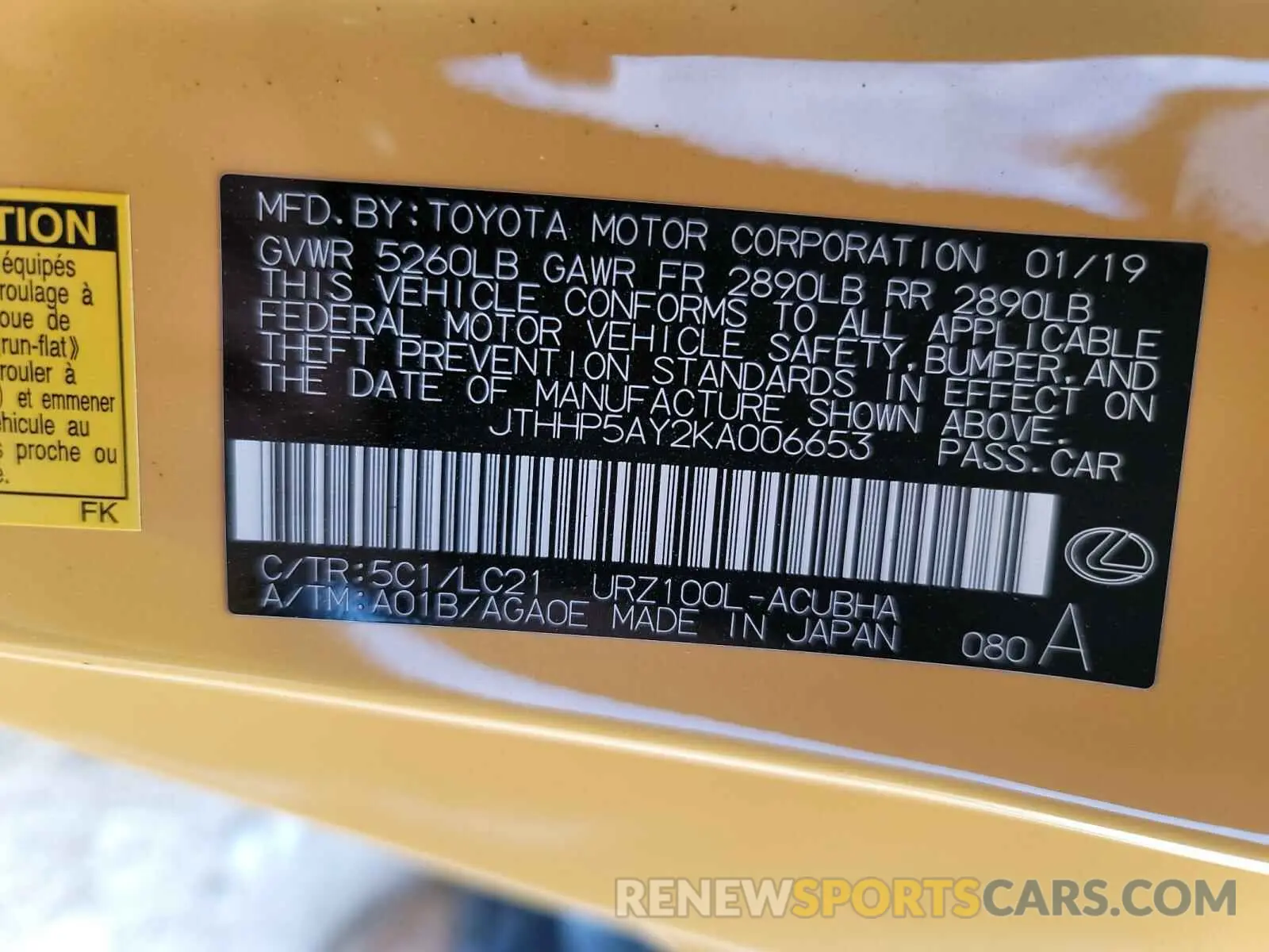 10 fotografías del automóvil dañado JTHHP5AY2KA006653 LEXUS LC500 2019