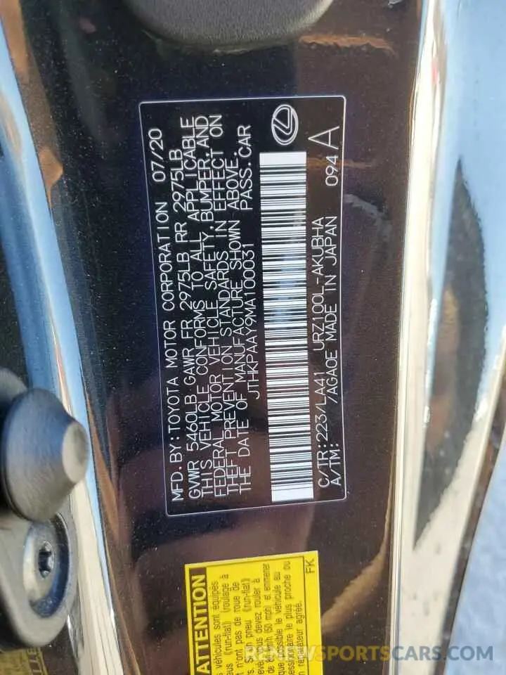 12 fotografías del automóvil dañado JTHKPAAY9MA100031 LEXUS LC500 2021