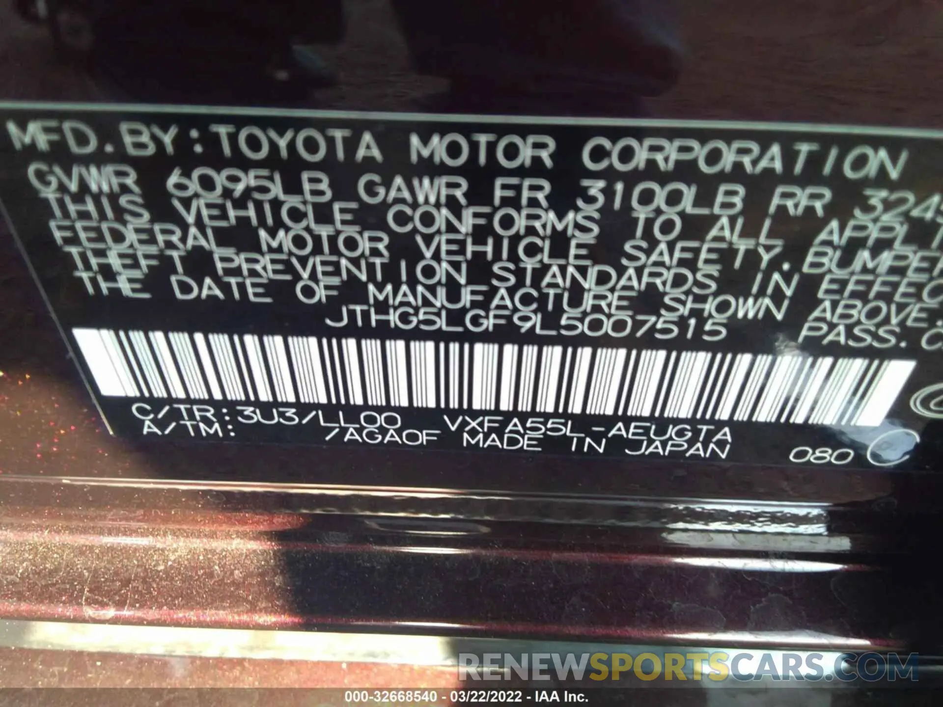 9 fotografías del automóvil dañado JTHG5LGF9L5007515 LEXUS LS 2020