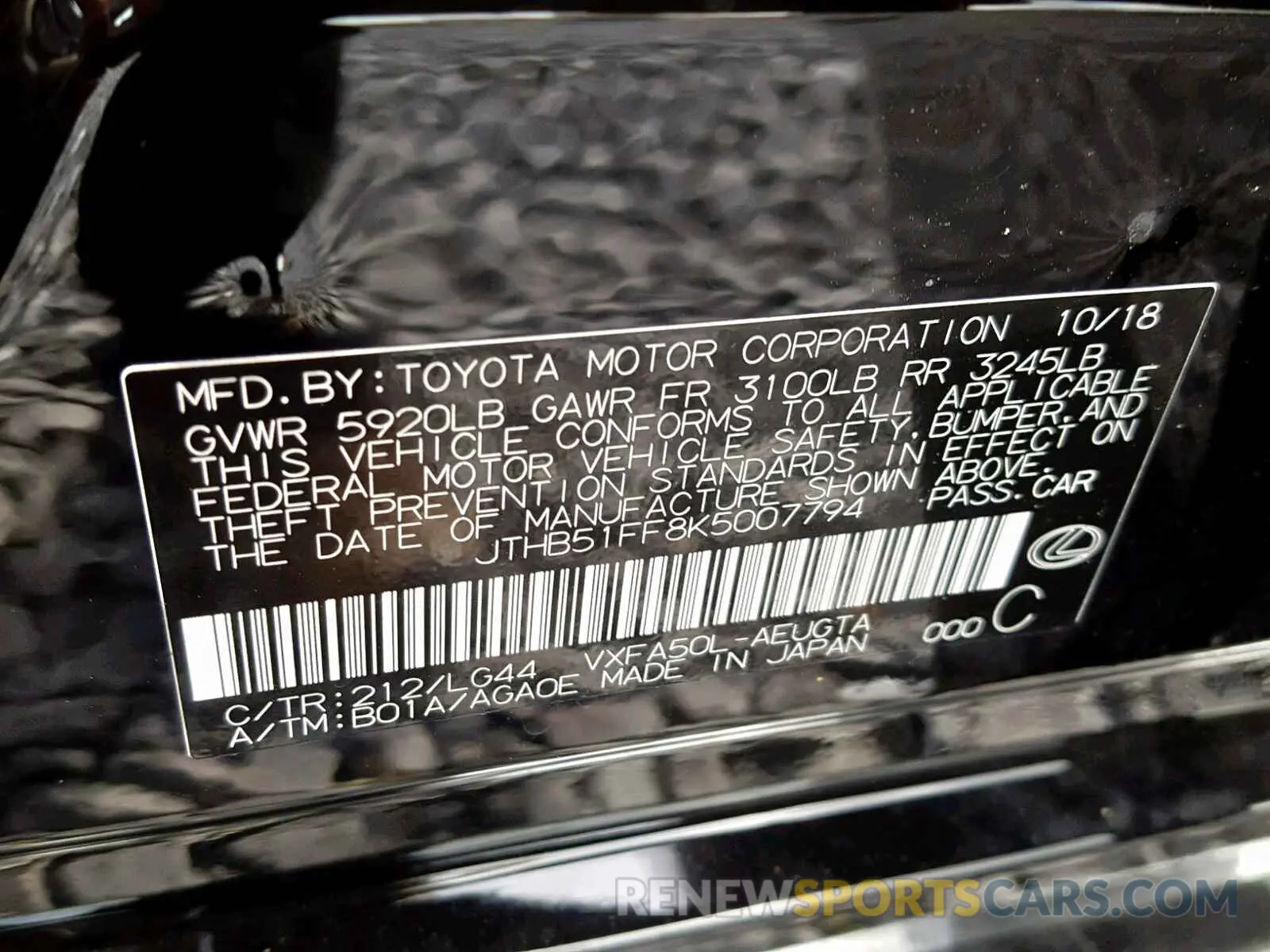 10 fotografías del automóvil dañado JTHB51FF8K5007794 LEXUS LS 500 2019