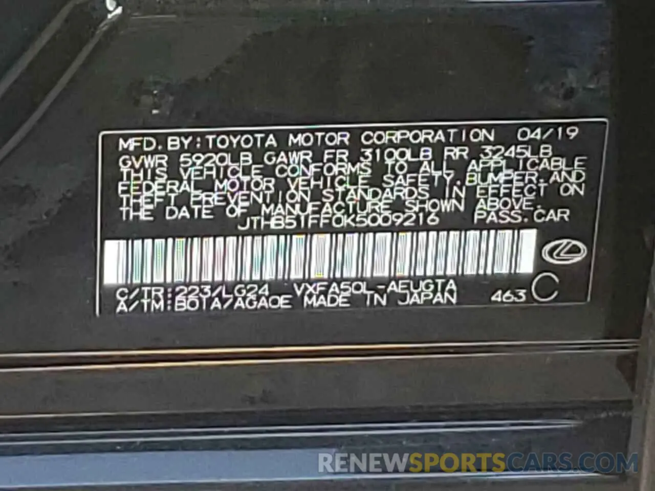 12 fotografías del automóvil dañado JTHB51FF0K5009216 LEXUS LS500 2019