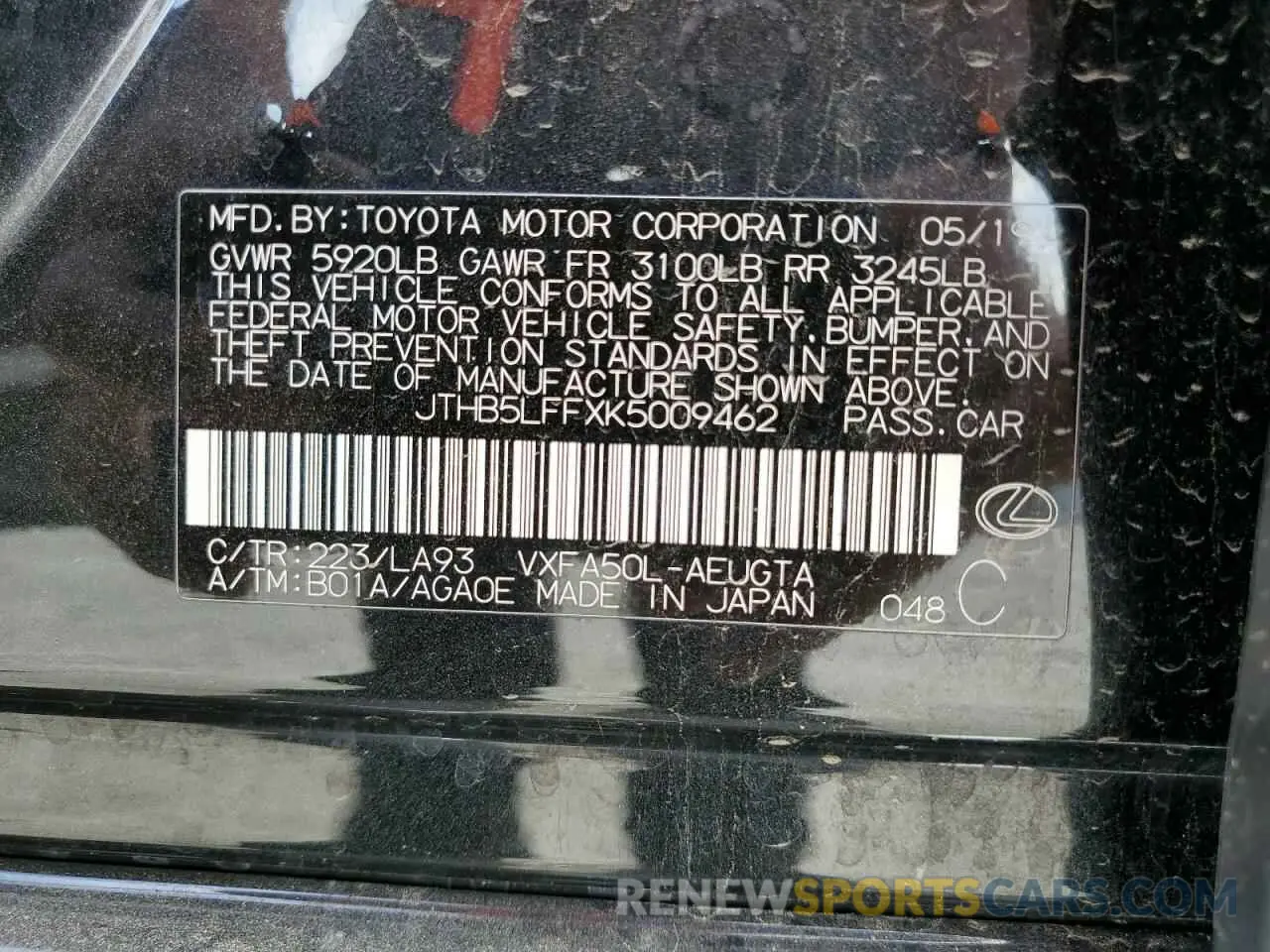 12 fotografías del automóvil dañado JTHB5LFFXK5009462 LEXUS LS500 2019
