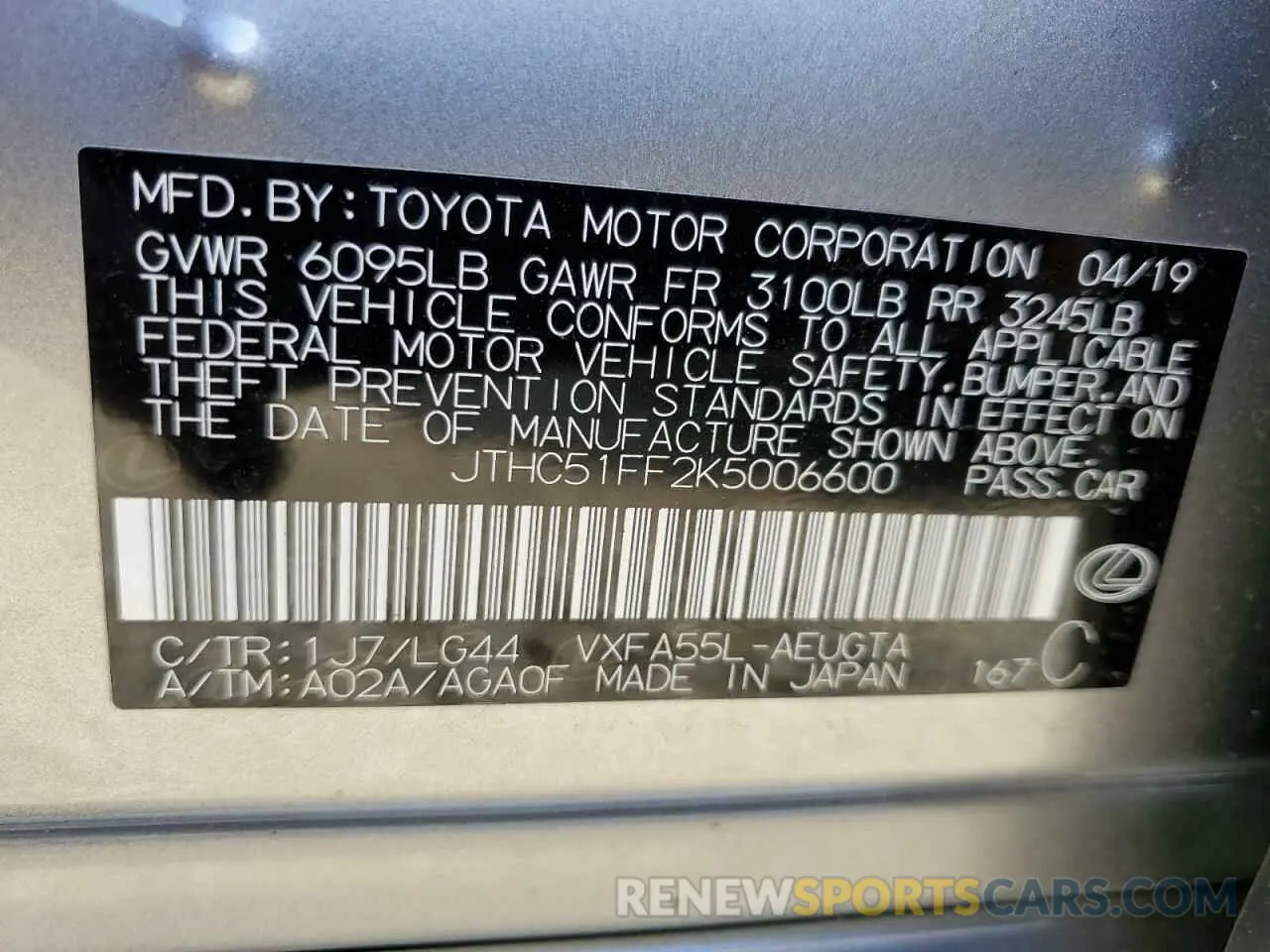 10 fotografías del automóvil dañado JTHC51FF2K5006600 LEXUS LS500 2019