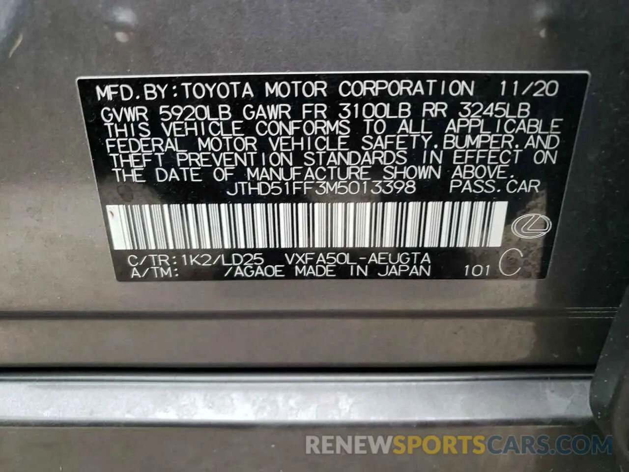 10 fotografías del automóvil dañado JTHD51FF3M5013398 LEXUS LS500 2021