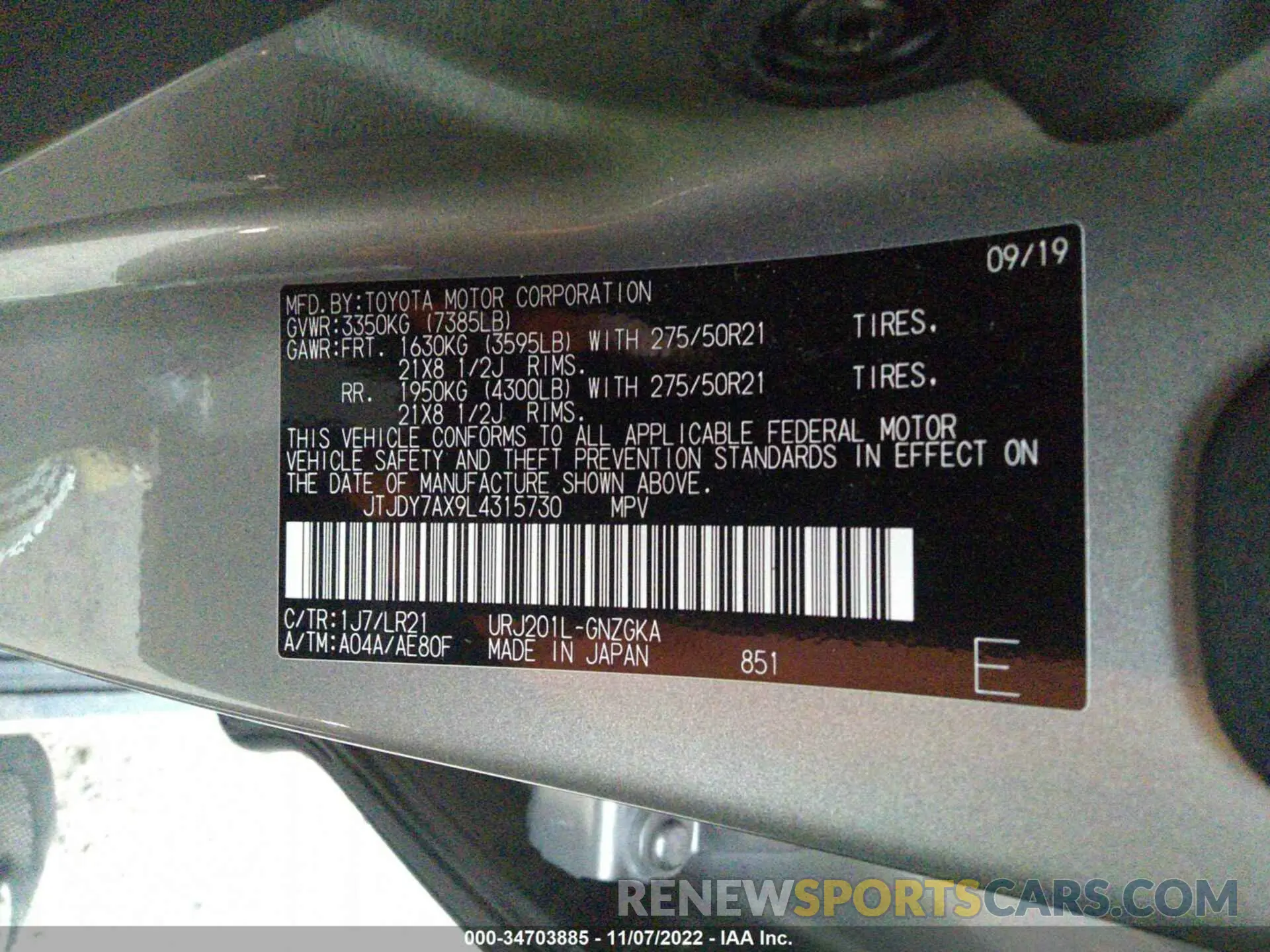 9 fotografías del automóvil dañado JTJDY7AX9L4315730 LEXUS LX 2020