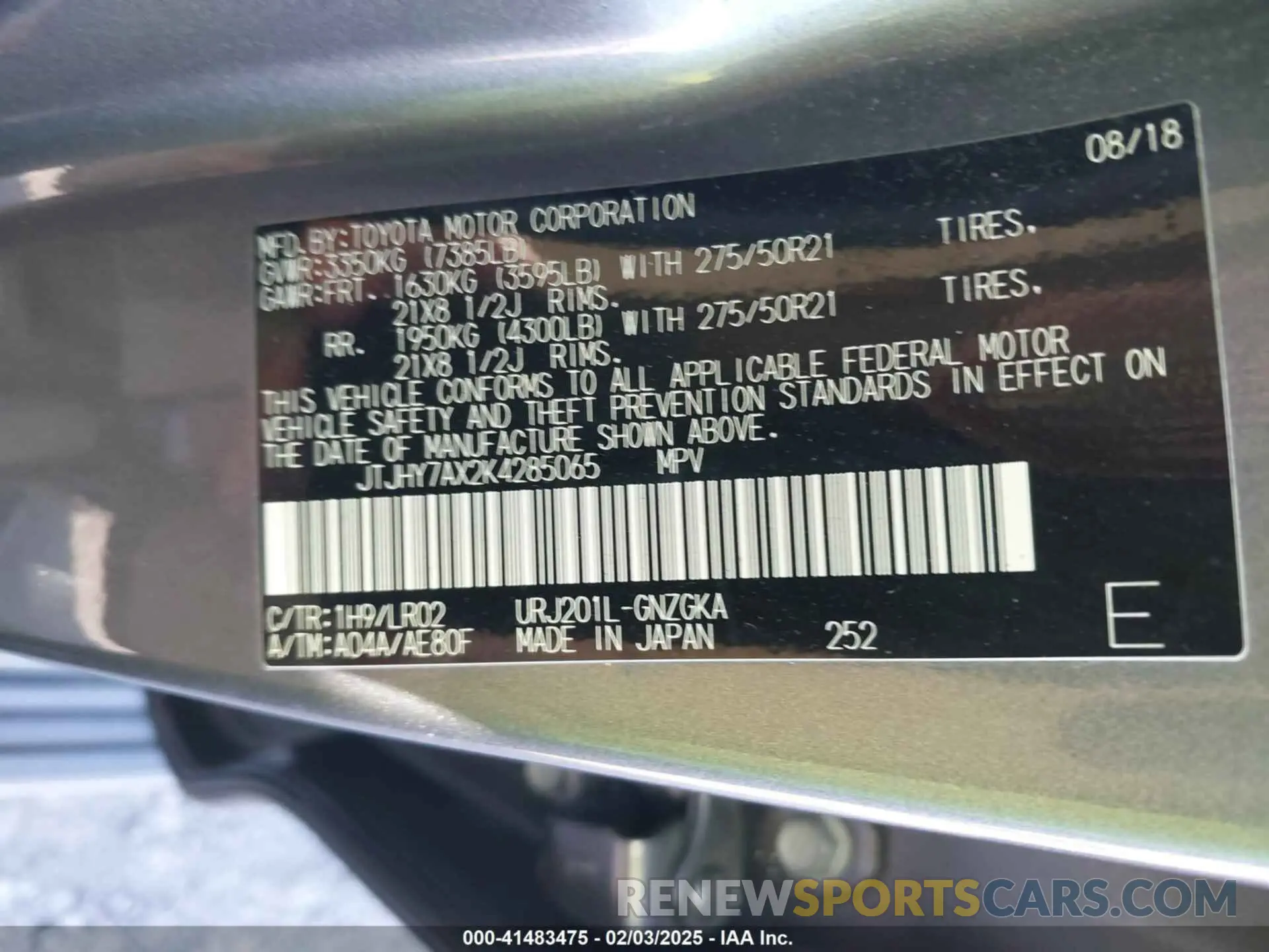 9 fotografías del automóvil dañado JTJHY7AX2K4285065 LEXUS LX 570 2019