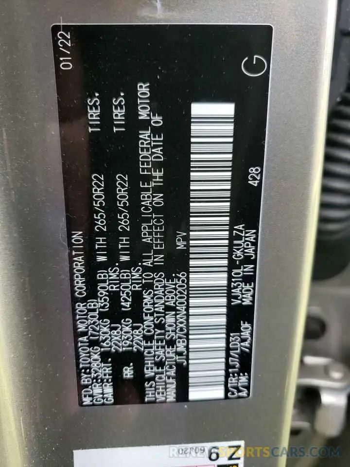 10 fotografías del automóvil dañado JTJMB7CXXN4002056 LEXUS LX 600 BAS 2022